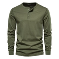 Dettaglio in piano della maglietta Henley a maniche lunghe verde militare in cotone - XS / Verde