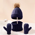 Winter knit cable set for kids featuring a navy blue pompom hat, scarf, and mittens - Navy Blue 3-Piece Set