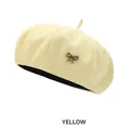 Chic cream yellow knitted beret with vintage bronze bow detail for a classic autumn style - M (54-58cm) / Yellow