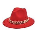 Detailed view of red wool jazz fedora hat featuring a chunky decorative gold chain - M (56-58cm) / Red
