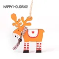 Orange wooden reindeer Christmas ornament with red stripes and plaid fabric scarf - Orange Reindeer Pendant