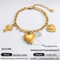 Gold stainless steel charm bracelet with pearl and heart pendants on white background - Charm Locket Bracelet SL41209