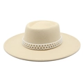 Close-up of cream wool felt hat featuring a decorative white pearl beaded hatband - Adult 57-59cm / Beige