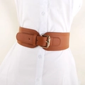 Brown elastic corset belt with golden buckle for dresses and coats fashion accessory - Camel