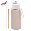 Matte beige 1L vacuum insulated stainless steel water bottle with straw and cleaning brush - White + Milk Tea Color (new Color) / 1 L