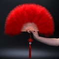 Detail of red feather dance fan with carved ribs and red silk knot tassel accessory - Red