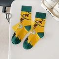 Colorful cotton crew socks with vibrant yellow monkey and green vine jacquard patterns - One Size / Yellow Base Monkey