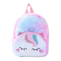 Pink and blue tie-dye unicorn plush backpack with glitter horn and soft faux fur - Colorful Heart Squinting