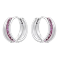 Detail of silver double-layered hoop earrings with inlaid pink cubic zirconia stones - Platinum Plated Rose Red Zirconia