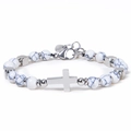 Cross charm bracelet with white marble beads and stainless steel lobster clasp for women - White Turquoise-B