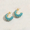 Golden C-shaped open hoop earrings with bright blue enamel textured finish - Blue