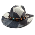Cappello da cowboy in denim patchwork con perline di legno e decoro in turchese - M(56-58cm) / Grigio