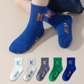 Five-pack mesh cotton kids crew socks in multicolor with K-letter and checkerboard pattern - Rubber Band Letter K / 3-5 Years (Feet length 13-15cm)