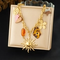 Collier vintage avec pendentifs fleur de soleil en acrylique léopard et cœur doré - Style Doré Bohème Multi-Pendentifs (N3899)