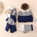 Conjunto de punto de invierno con gorro, bufanda y guantes en diseño color-block - Gris Azulado