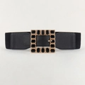 Elastic black waist belt with gold square buckle and inset black acrylic diamonds - Black