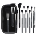 12-piece professional makeup brush set with silver ferrules and black zipper travel case - Black Silver Set (With Waterproof Bag)