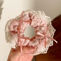 Sweet pink scrunchie with white lace trim and delicate ribbon bows for women - Bowknot Lace Pink
