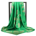 Detail of green paisley satin scarf with silky texture draped on a black metal frame - 90*90cm / Green