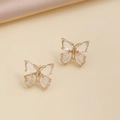 Detail of gold butterfly earrings set with clear zircon stones on golden silk fabric - 12# White Stud Earrings