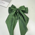Elegant dark green satin bow hair clip with ribbons on a minimalist white background - Grass Green