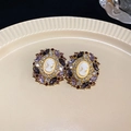 Vintage gold earrings with purple rhinestone border and white portrait cameo center - 20# Silver Pin - Purple Rhinestone Portrait
