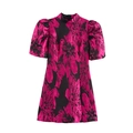 Elegante mini abito jacquard retrò con motivi floreali rosa e maniche a sbuffo - XS / Rosa Rosso