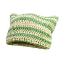 Handmade green and white striped knit beanie with devil cat ears for winter warmth - One Size / Beige and Green