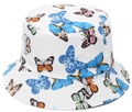 White cotton bucket hat with colorful butterfly print and breathable brim for summer - White Colorful Butterfly Print
