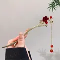 Chinese hair pin with red flocked flowers and gold tassels for traditional styling - 65# Flocked Red Flower Red Bead Tassel - Gold