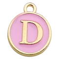 Round pink enamel letter D pendant with gold plating for DIY jewelry making - Letter D / 1 Piece (12x14mm) / Pink