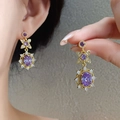 Boucles d'oreilles vintage en or avec pierre ovale violette et accents diamantés - 22# Boucles d'oreilles pendantes fleur zircone violet plaqué or 18K (Silver Earring Post)