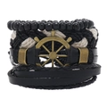 Heren 4-delige vintage leren armbandenset met bronzen roerbedel in zwart en wit design - RH257-5 (Bronzen Roer Set)