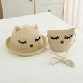 Set cappello di paglia e borsa a tracolla per bambini con carino design a gatto - 54cm / Cappello Beige + Borsa