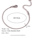 Bracciale a catena in acciaio inossidabile 316L argento con chiusura a moschettone e prolunga - Cavigliera Catena S 1.8mm - Colore Acciaio