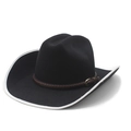 Classic black wool felt cowboy hat with white trim and brown braided leather band - M (56-58cm) / Black with White Binding