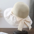 Eleganter Sonnenhut aus Stroh für Damen mit großer Schleife im französischen Retro-Stil - M (56-58cm) / Beige