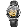 Men's automatic skeleton watch with golden movement and black leather strap - Black Leather Band Silver Case Black Dial