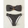 Conjunto de bikini bandeau a rayas con hebilla de carey y textura de punto acanalado - S / Negro