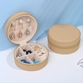 Portable beige round PU leather jewelry box with mirror and zipper closure storage - 10x5cm / Beige