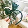 Green sequined Christmas headband with white plush trim and festive bow design - Bright Velvet Green Bow
