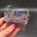 Silver crescent moon hair comb featuring iridescent purple crystal quartz points - Jelly + Branch + Moon