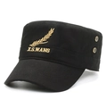 Black cotton military flat top cap featuring golden wheat embroidery and breathable eyelets - Wheat Embroidery Black