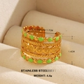 Gold stainless steel ring featuring green enamel dots and sun flower motifs in 1.4cm width - Sunflower Green Enamel Style (1060)