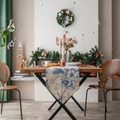 Elegant cream Christmas table runner with dark blue floral and gold pine needle patterns - 30x140cm / Yellow Pine Cone
