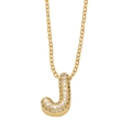 Gold plated necklace with letter J pendant paved in cubic zirconia on white backdrop - Letter J