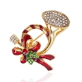 Christmas horn brooch pin with gold alloy, white rhinestones and red enamel bow - Christmas Horn