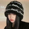 Winter plush bucket hat in black and white wave pattern for thermal warmth and fashion - Black Slouchy Beanie