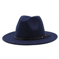 Classic dark blue wool fedora hat with flat wide brim and decorative black leather strap - One Size 58cm Circumference / Navy Blue