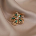 Elegant gold flower brooch with green gemstones, pearls and crystals on silk fabric - 502# Five-leaf Clover